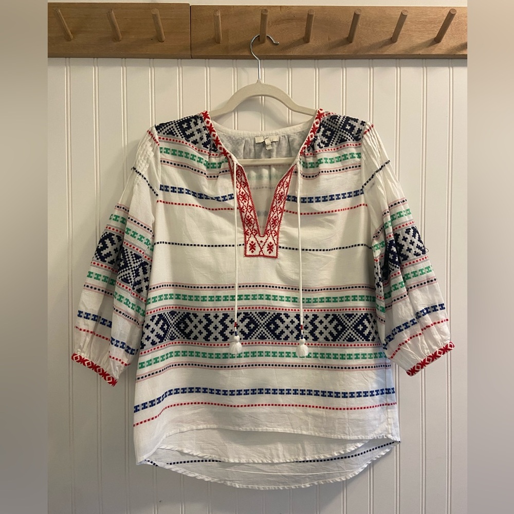 Joie Embroidered 3/4 Sleeve Cotton Multi Boho Festival Tasseled V Neck Top XXS
